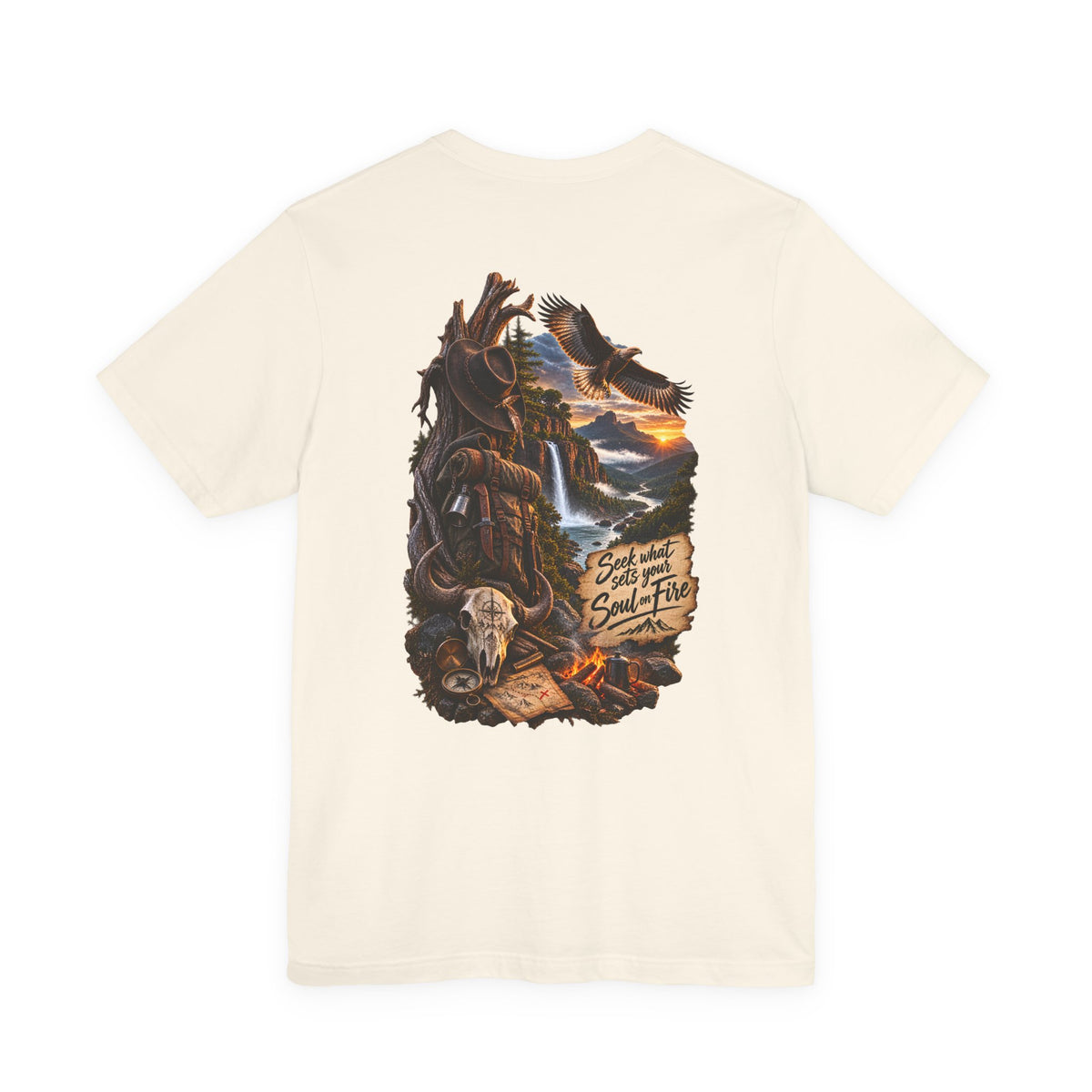 Western Wilderness T‑Shirt — “Seek the Sun, Find the Fire” Scenic Eagle & Skull Tee