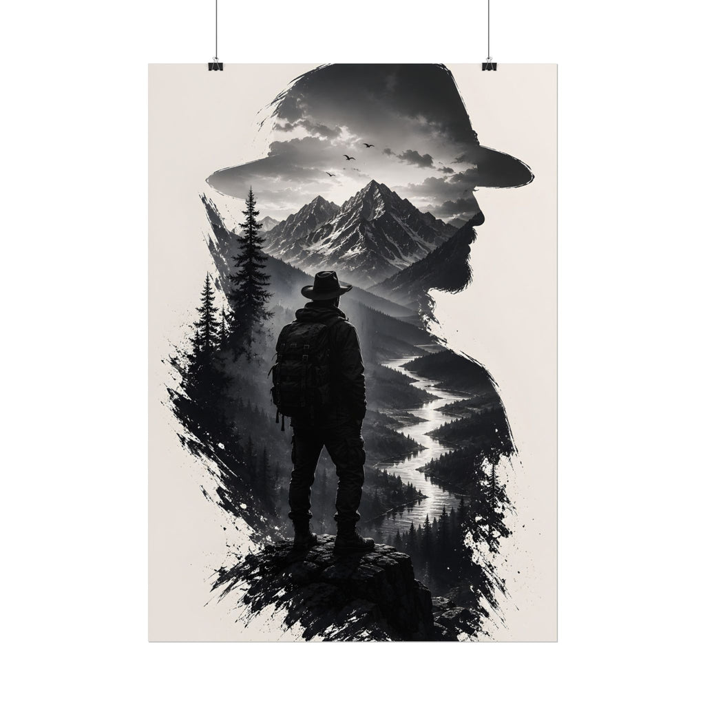 Adventure Silhouette Poster — Hiker, Mountains & River Rolled Wall Art
