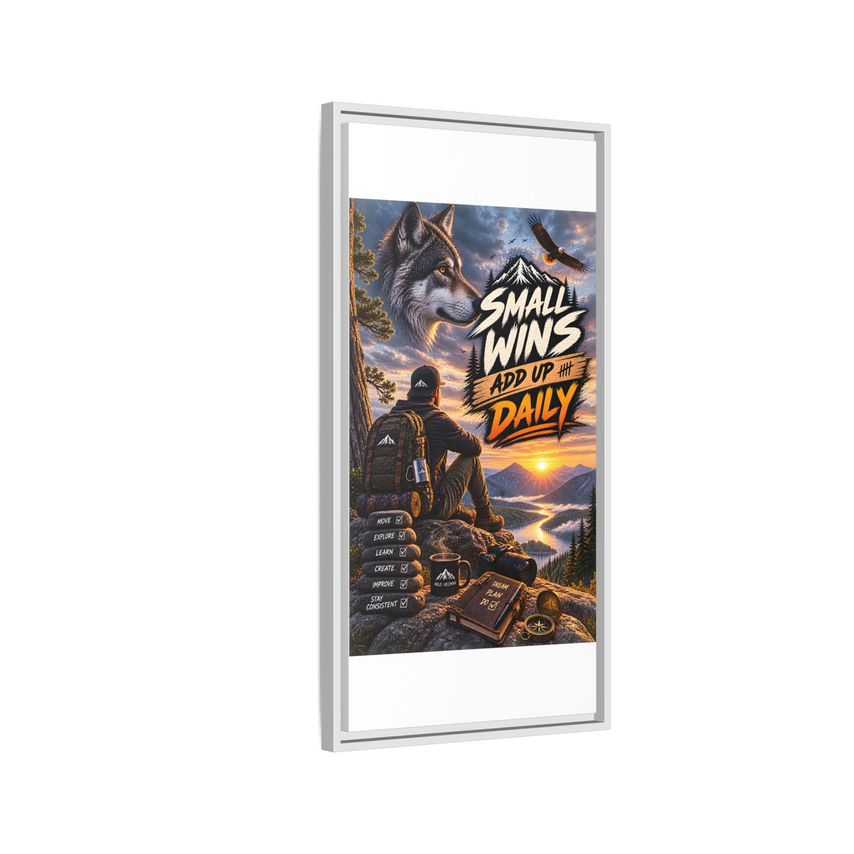 Small Wins Add Up Daily Framed Canvas Wall Art — Motivational Hiking Print