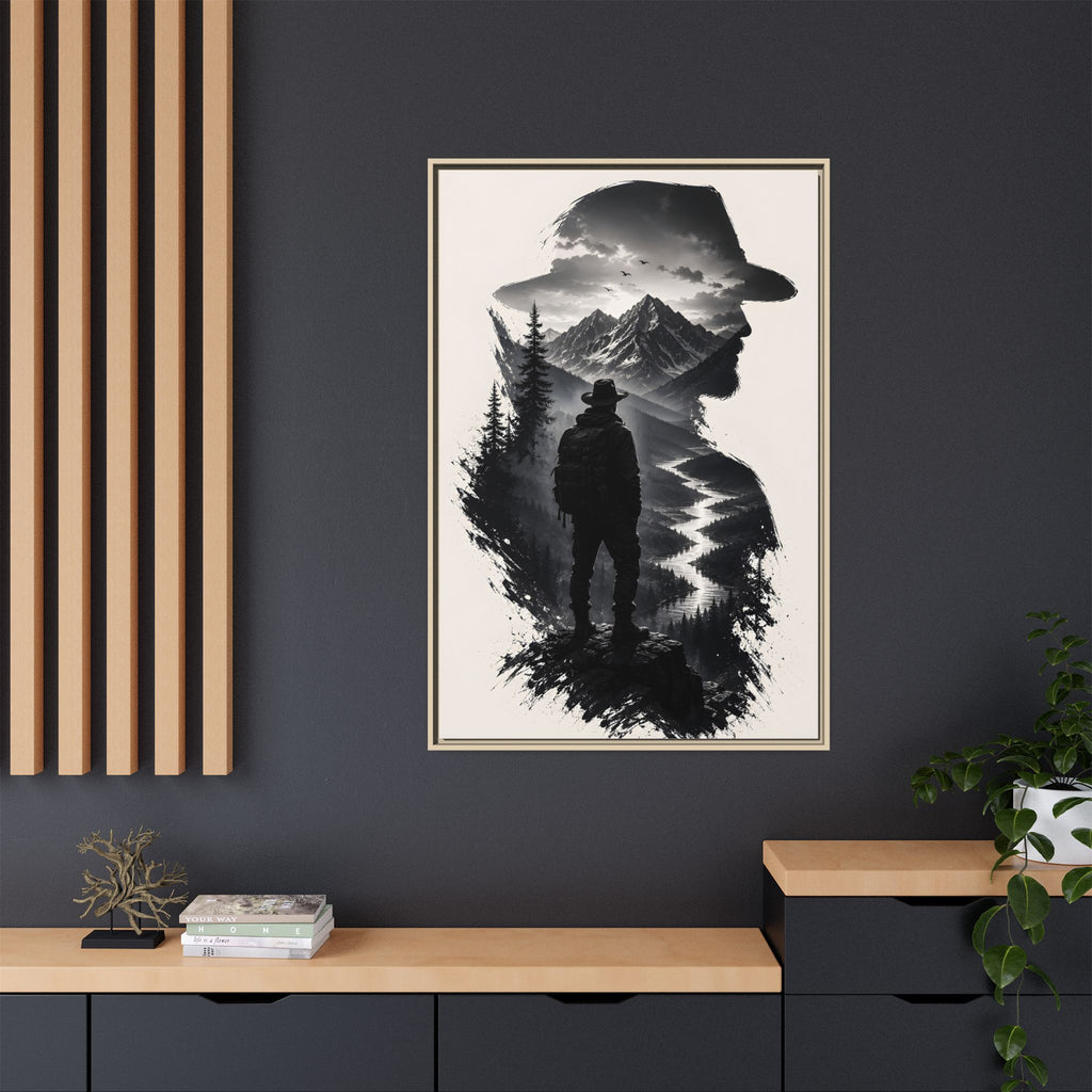 Adventure Silhouette Matte Canvas Framed Print — Mountain Hiker Double Exposure Wall Art