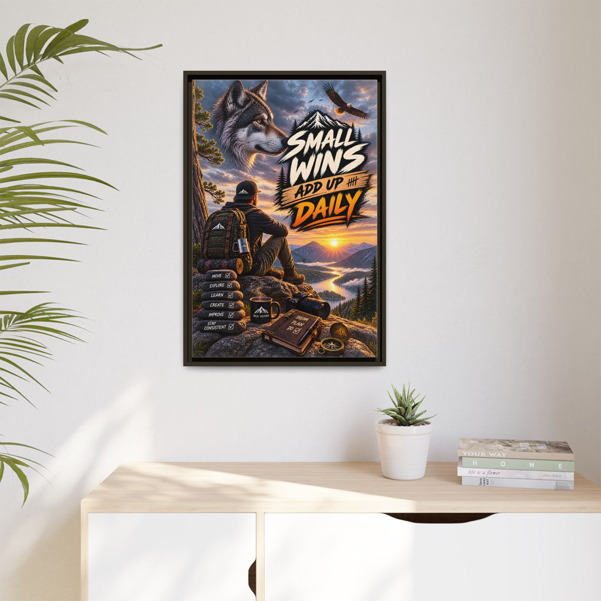 Small Wins Add Up Daily Framed Canvas Wall Art — Motivational Hiking Print