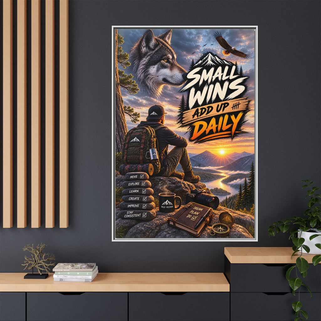 Small Wins Add Up Daily Framed Canvas Wall Art — Motivational Hiking Print
