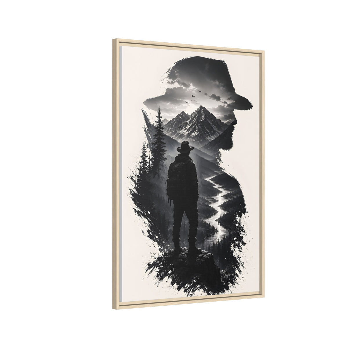 Adventure Silhouette Matte Canvas Framed Print — Mountain Hiker Double Exposure Wall Art