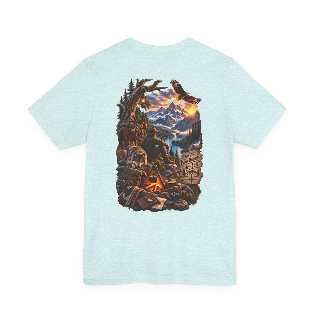 Imprimé de t-shirt avec scène de feu de camp en montagne