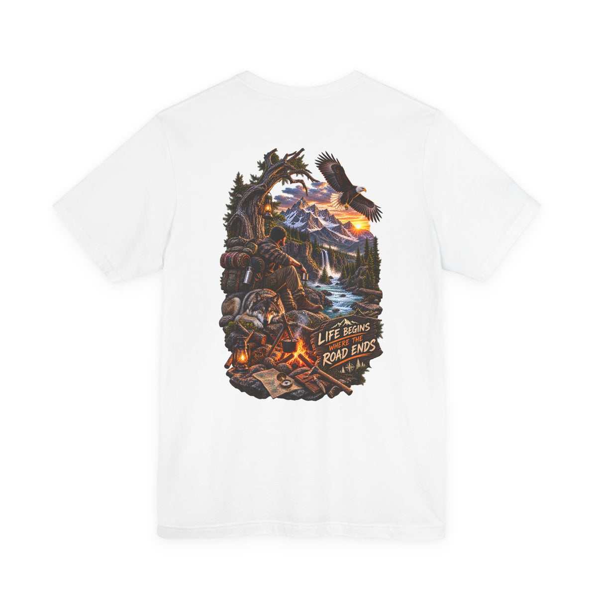 Adventure Campfire Tee — Life Begins Where the Road Ends Graphic T-Shirt