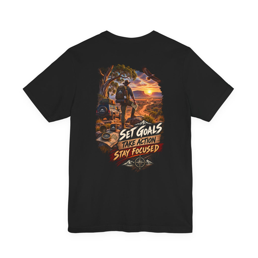 Motivational Hiking T‑Shirt — "Set Goals, Take Action, Stay Focused" Back Graphic