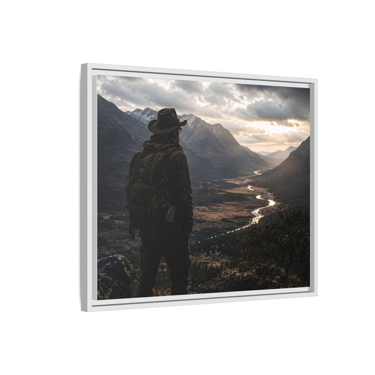 Wanderer in the Valley Matte Framed Canvas – Adventure Landscape Wall Art