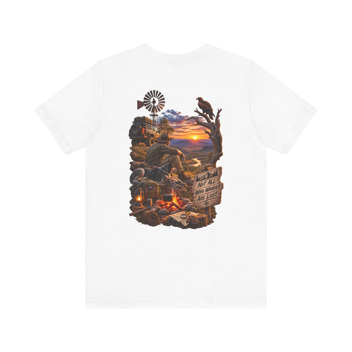 Sunset Campfire Western Tee — "Not All Who Wander Are Lost"