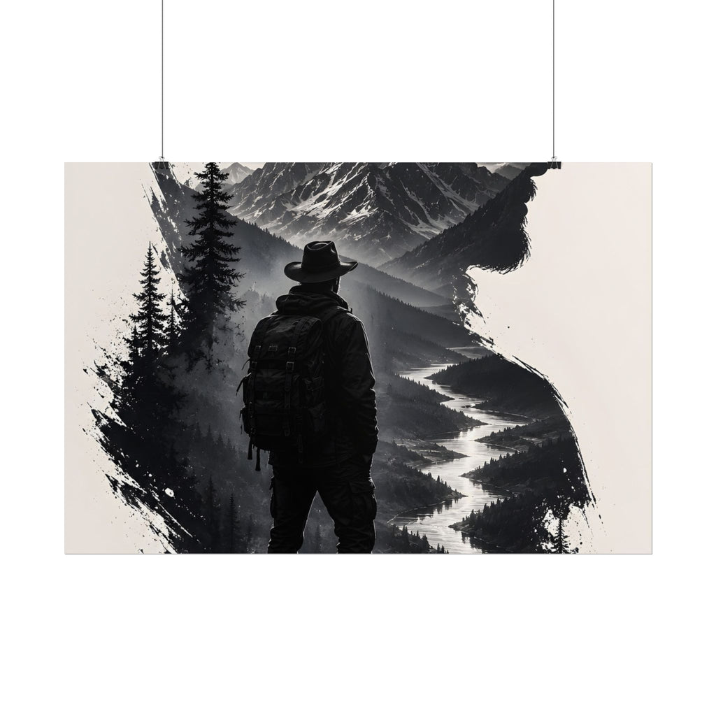 Adventure Silhouette Poster — Hiker, Mountains & River Rolled Wall Art