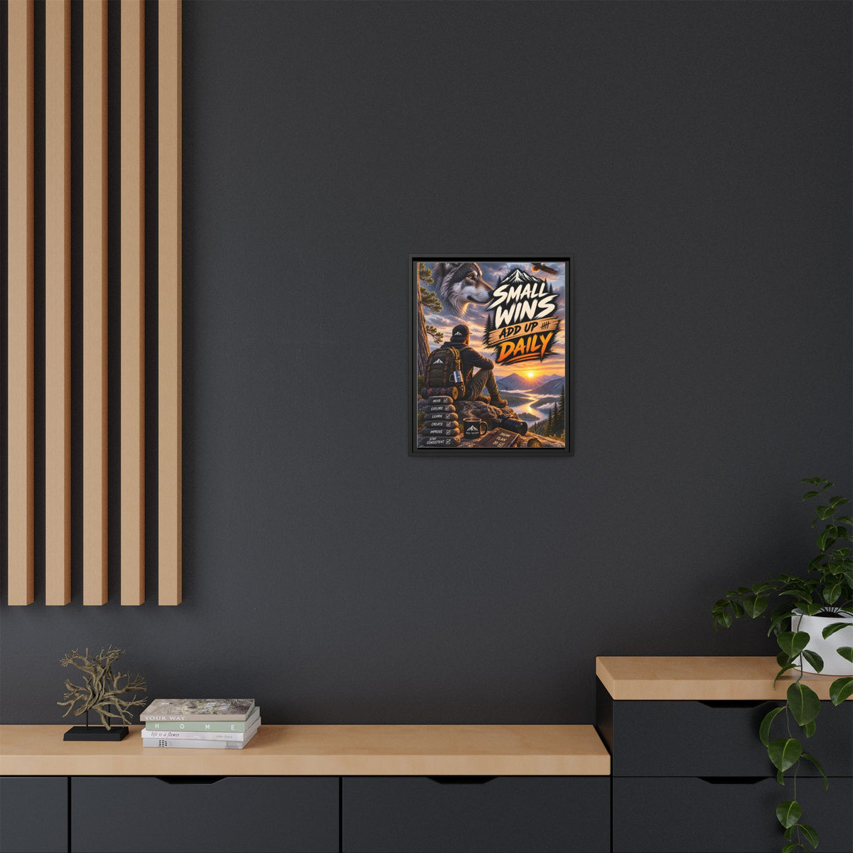 Small Wins Add Up Daily Framed Canvas Wall Art — Motivational Hiking Print