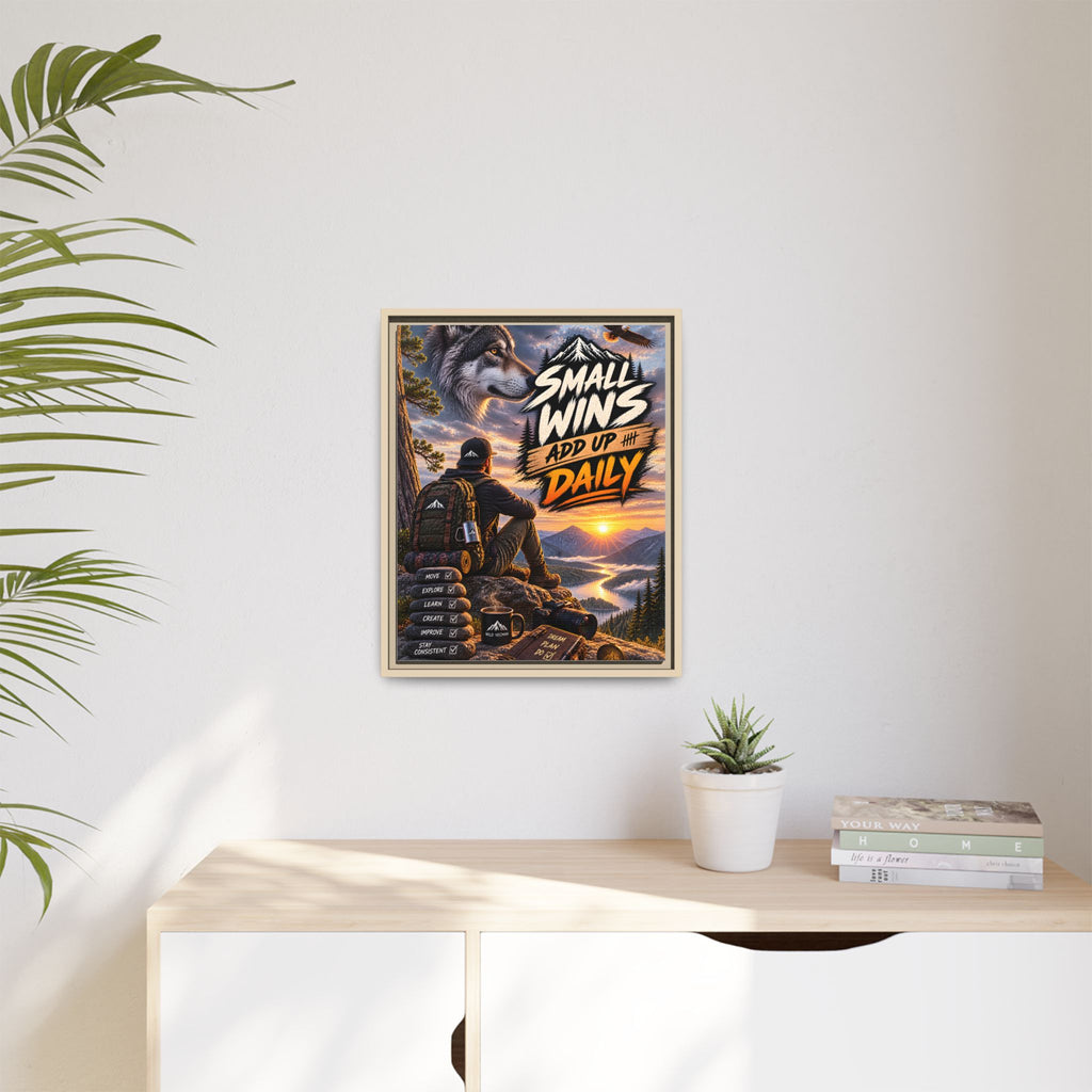 Small Wins Add Up Daily Framed Canvas Wall Art — Motivational Hiking Print