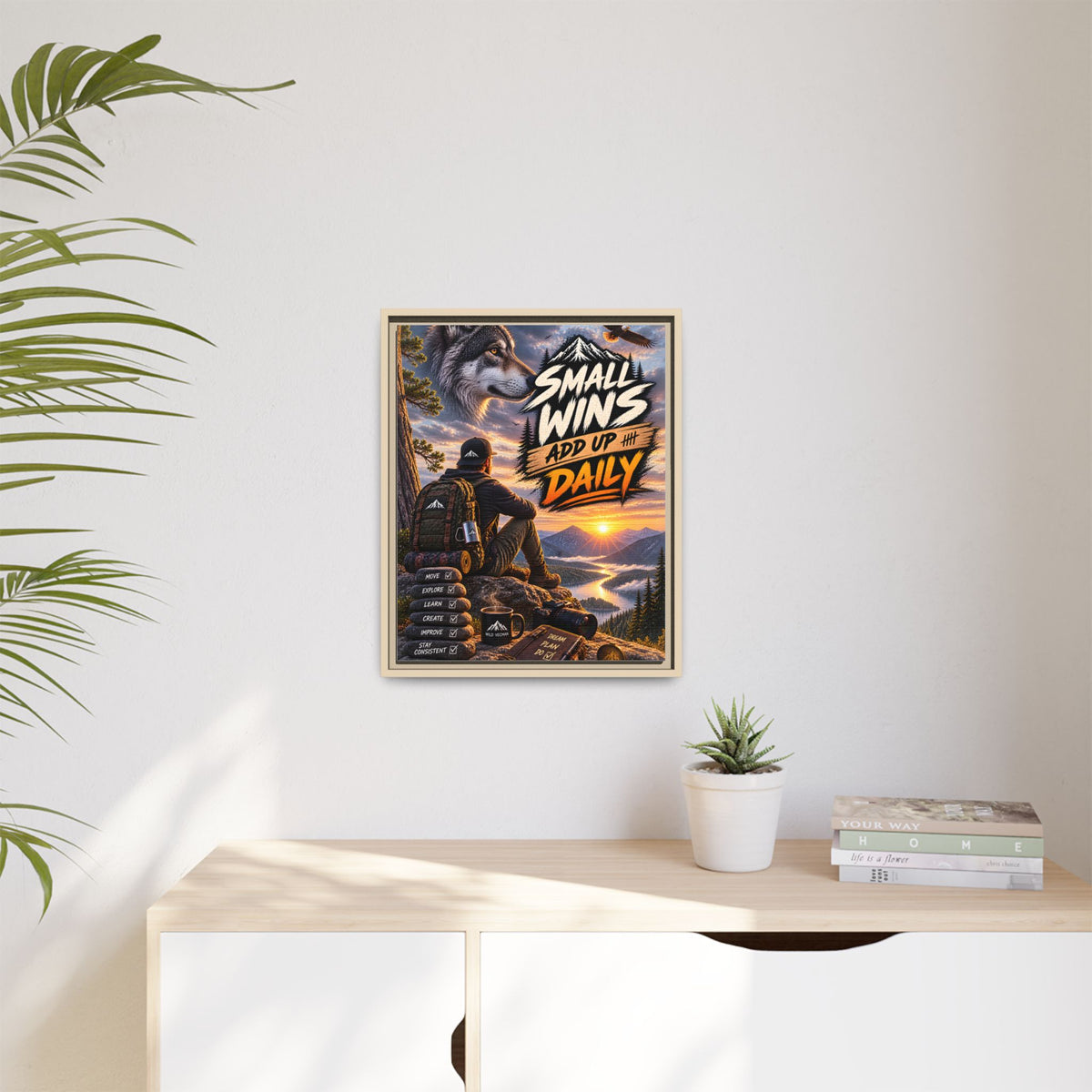Small Wins Add Up Daily Framed Canvas Wall Art — Motivational Hiking Print