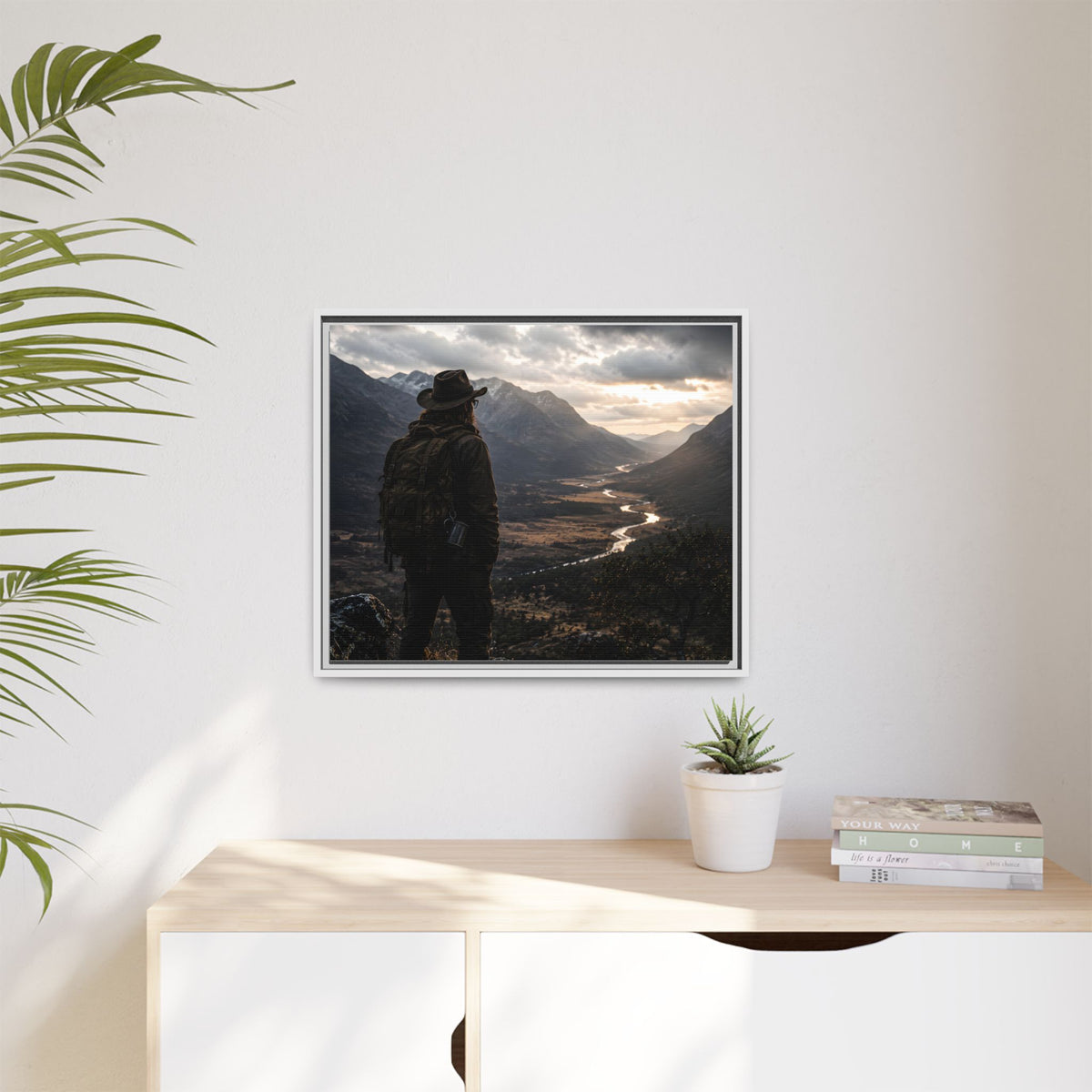 Wanderer in the Valley Matte Framed Canvas – Adventure Landscape Wall Art