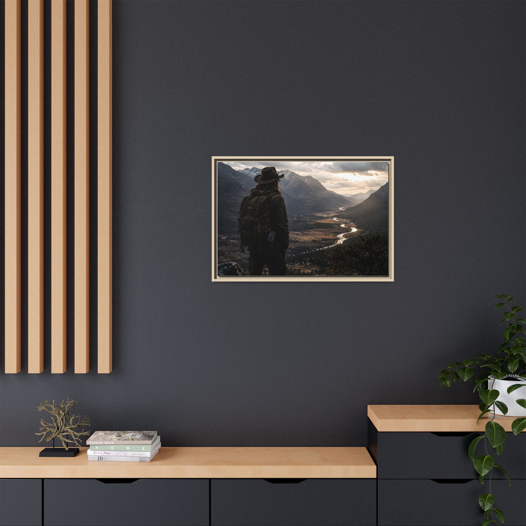 Wanderer in the Valley Matte Framed Canvas – Adventure Landscape Wall Art