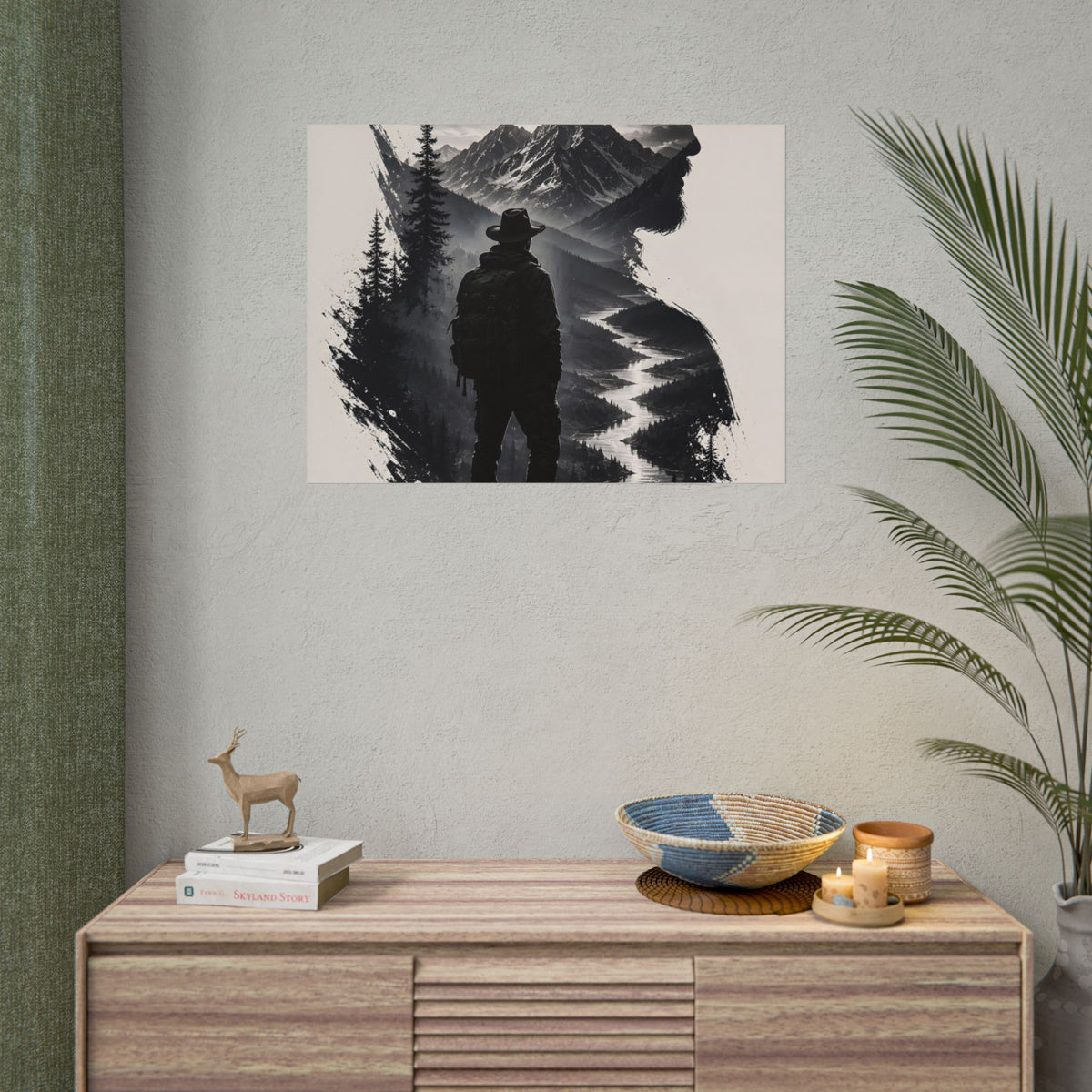 Adventure Silhouette Poster — Hiker, Mountains & River Rolled Wall Art
