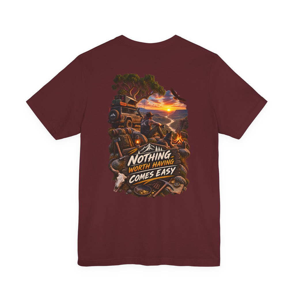Adventure Tee — "Nothing Worth Having Comes Easy" Off-Road Sunset Graphic T-Shirt