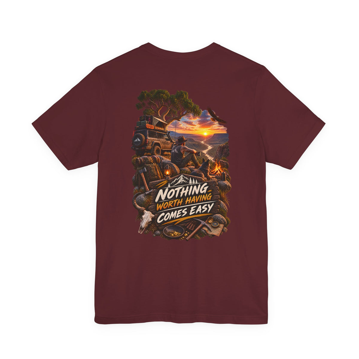 Adventure Tee — "Nothing Worth Having Comes Easy" Off-Road Sunset Graphic T-Shirt