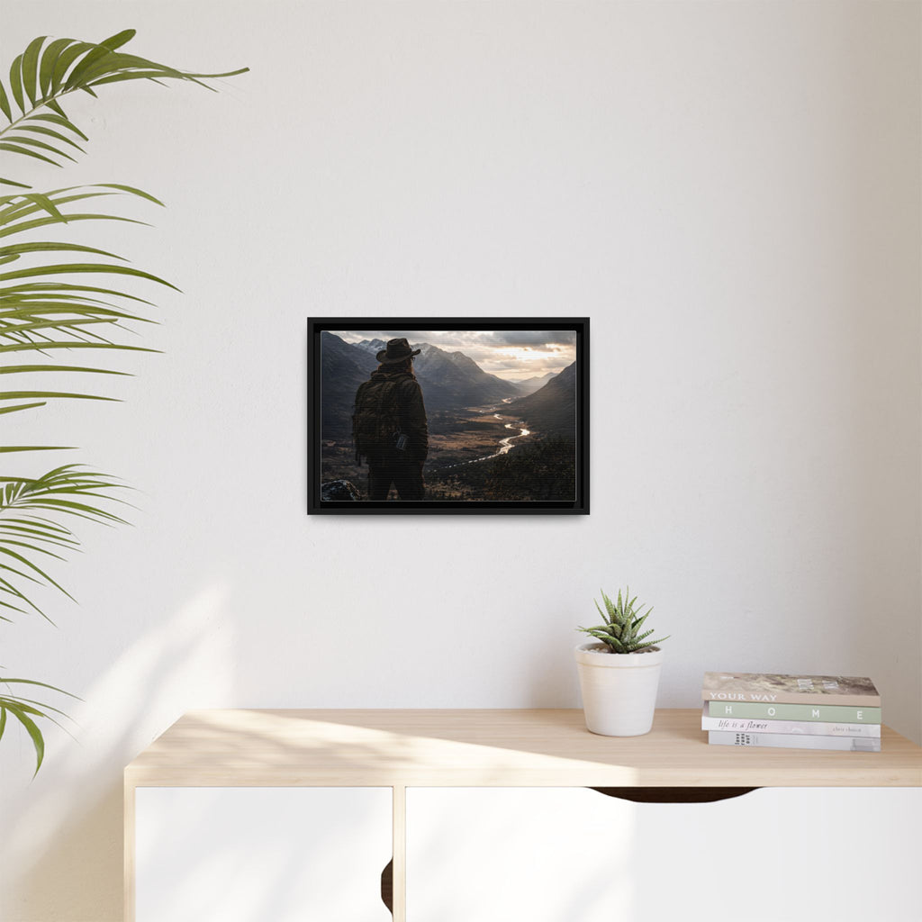 Wanderer in the Valley Matte Framed Canvas – Adventure Landscape Wall Art
