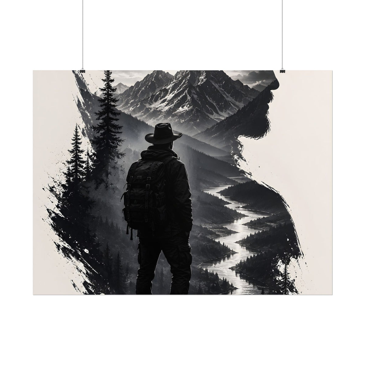 Adventure Silhouette Poster — Hiker, Mountains & River Rolled Wall Art