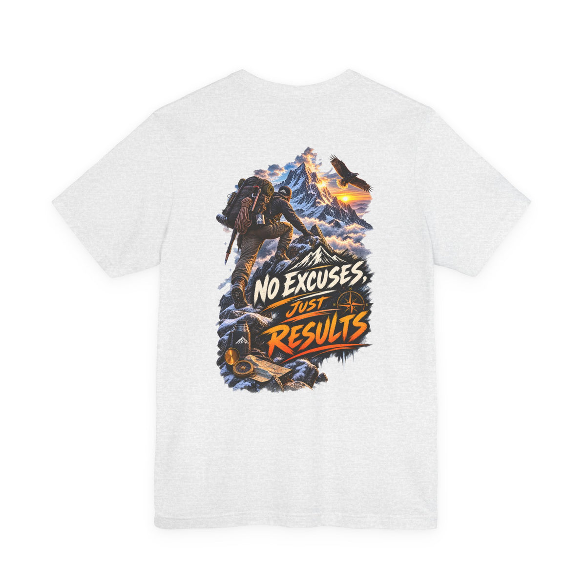 Motivational Climbing T-Shirt — "No Excuses, Just Results" Back Graphic
