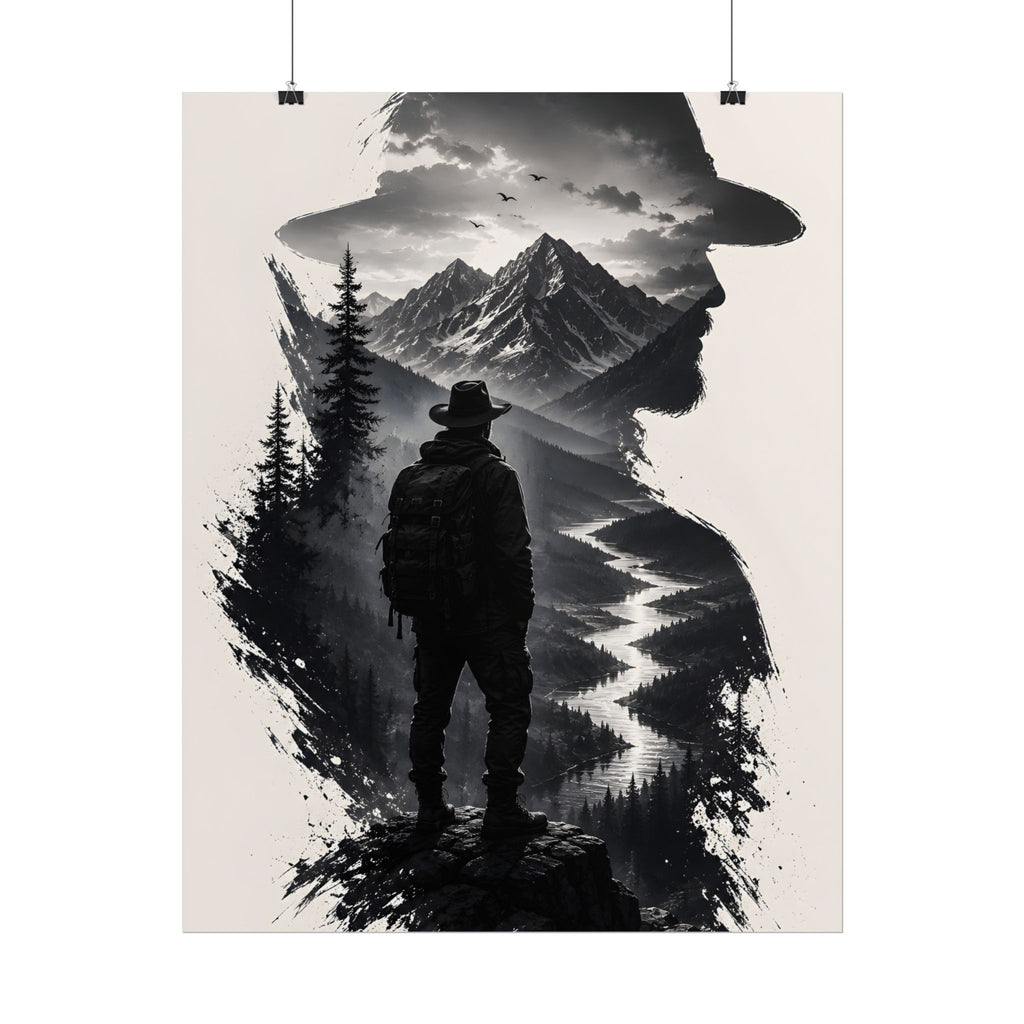 Adventure Silhouette Poster — Hiker, Mountains & River Rolled Wall Art