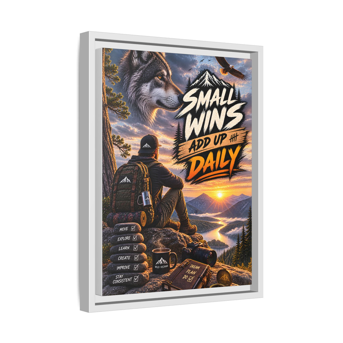 Small Wins Add Up Daily Framed Canvas Wall Art — Motivational Hiking Print