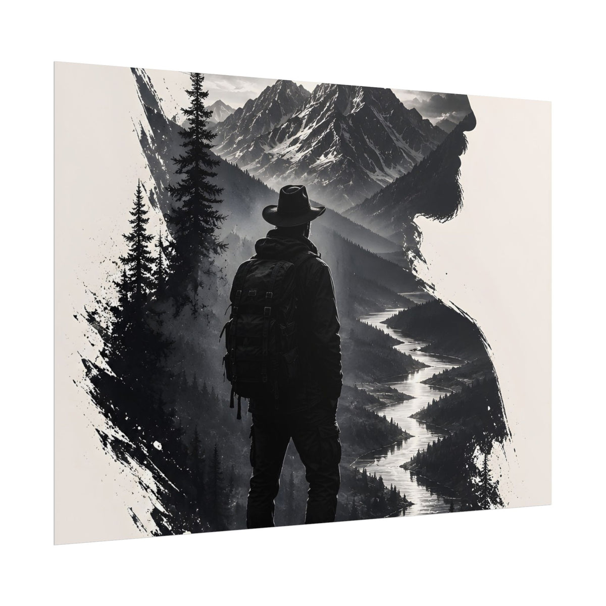 Adventure Silhouette Poster — Hiker, Mountains & River Rolled Wall Art