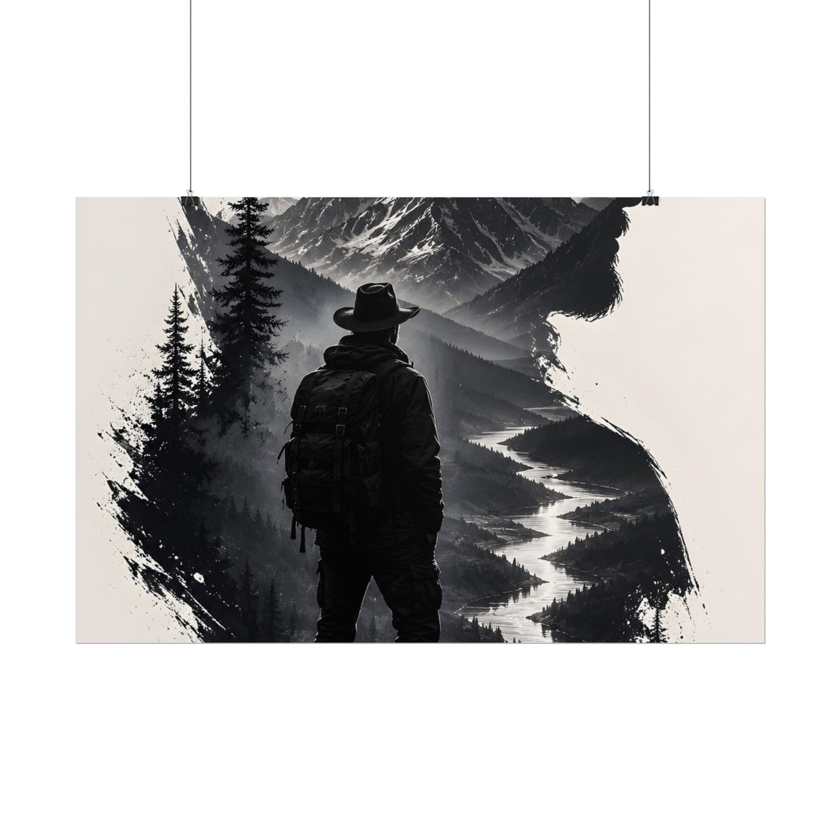 Adventure Silhouette Poster — Hiker, Mountains & River Rolled Wall Art
