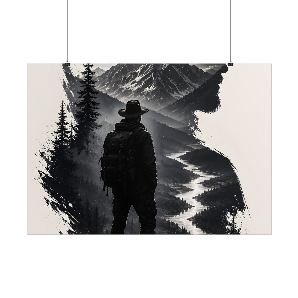 Adventure Silhouette Poster — Hiker, Mountains & River Rolled Wall Art