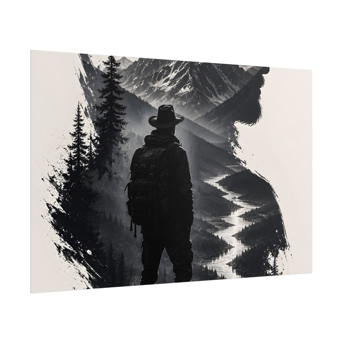 Adventure Silhouette Poster — Hiker, Mountains & River Rolled Wall Art