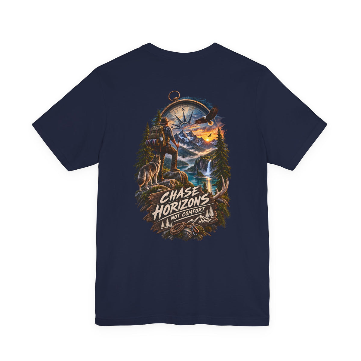 Chase Horizons Adventure T-Shirt — Scenic Back Graphic with 'Chase Horizons, Not Comfort'