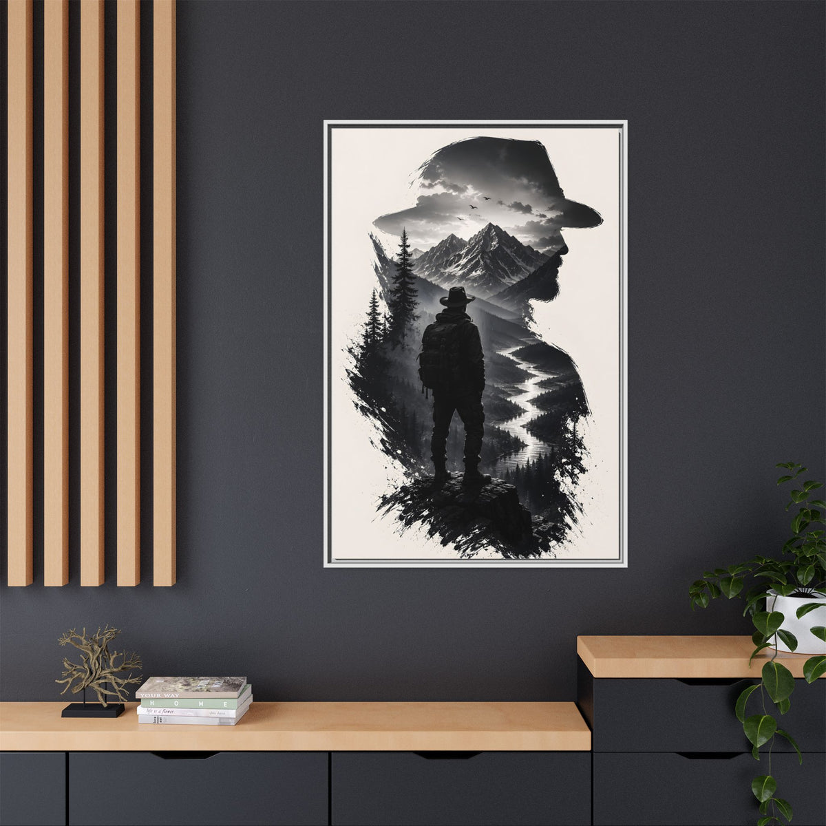 Adventure Silhouette Matte Canvas Framed Print — Mountain Hiker Double Exposure Wall Art