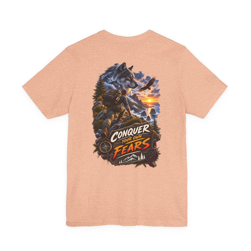 T-shirt graphique loup « Conquer Your Fears » — T-shirt de motivation pour l'aventure