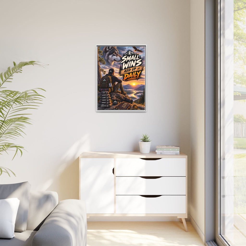 Small Wins Add Up Daily Framed Canvas Wall Art — Motivational Hiking Print