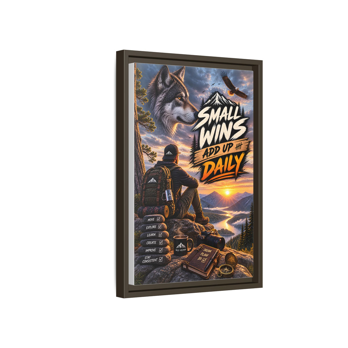 Small Wins Add Up Daily Framed Canvas Wall Art — Motivational Hiking Print