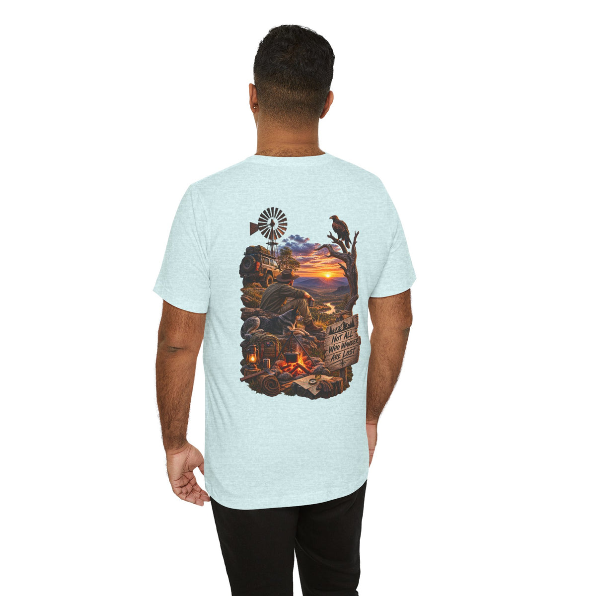 Sunset Campfire Western Tee — "Not All Who Wander Are Lost"
