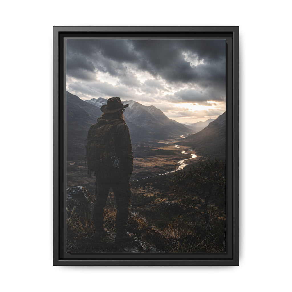 Toile encadrée mate « Wanderer in the Valley » – Décoration murale paysage d'aventure