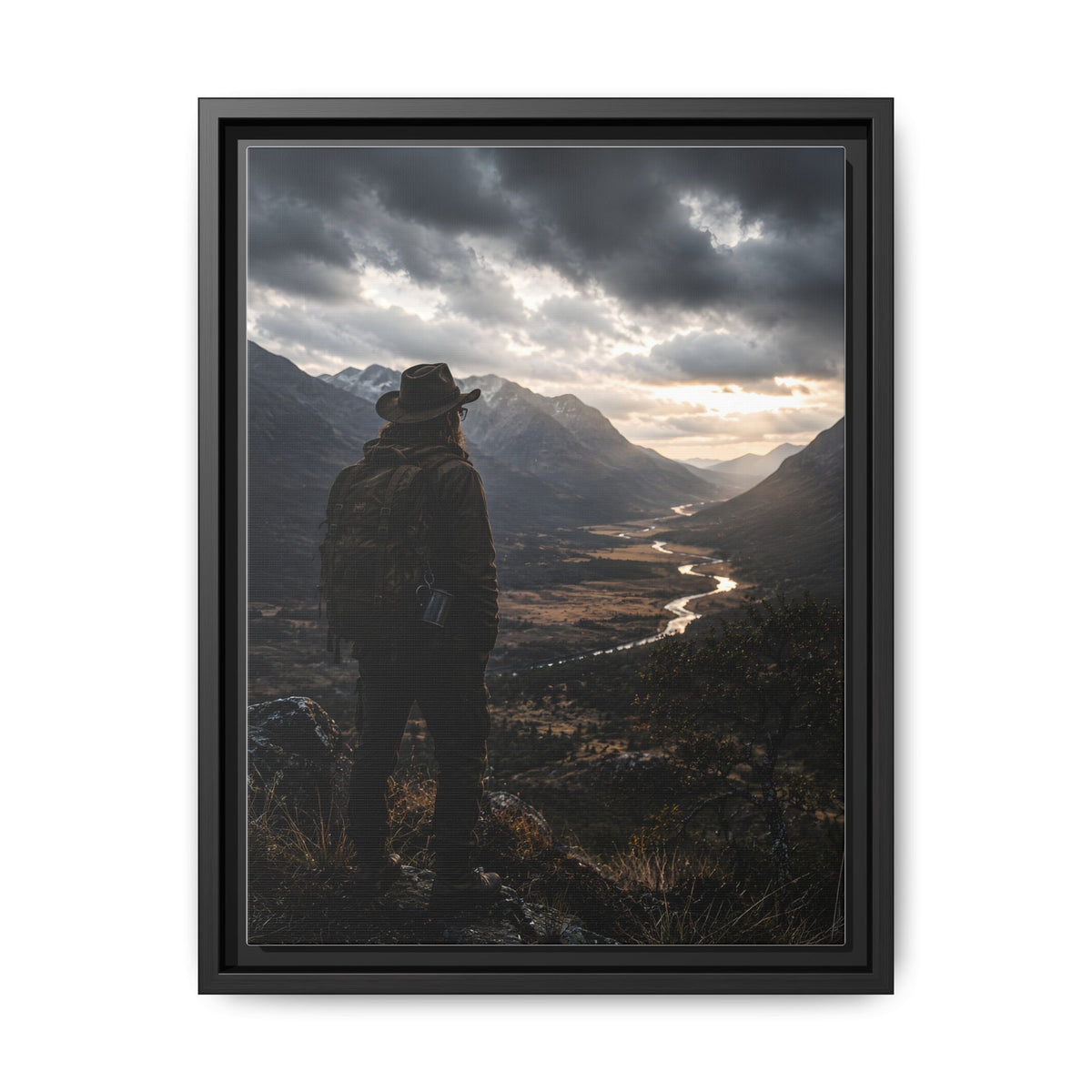 Wanderer in the Valley Matte Framed Canvas – Adventure Landscape Wall Art