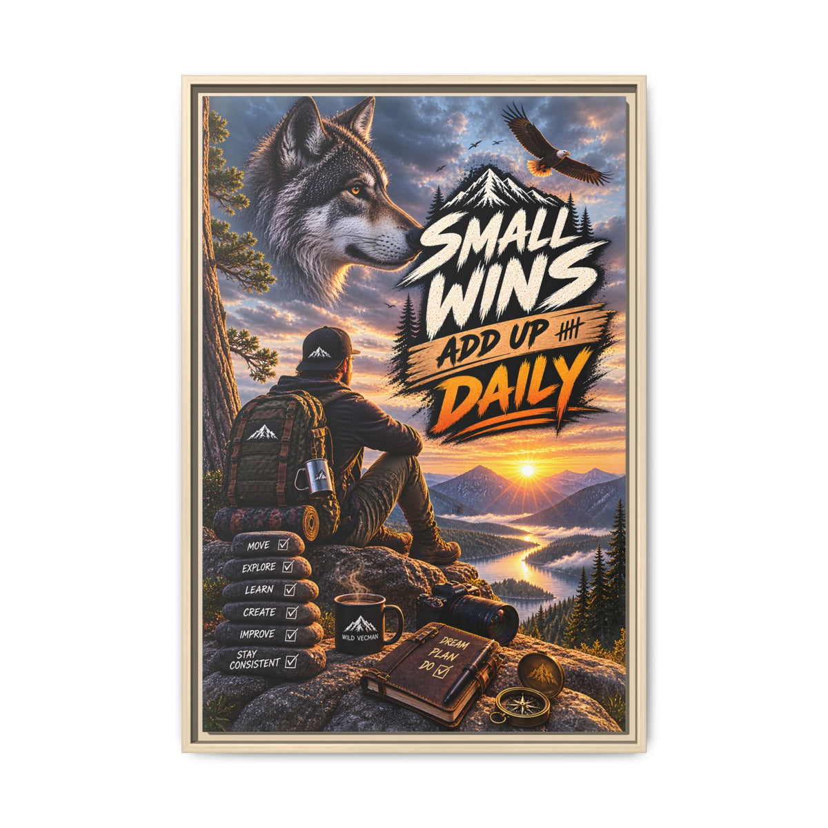 Small Wins Add Up Daily Framed Canvas Wall Art — Motivational Hiking Print