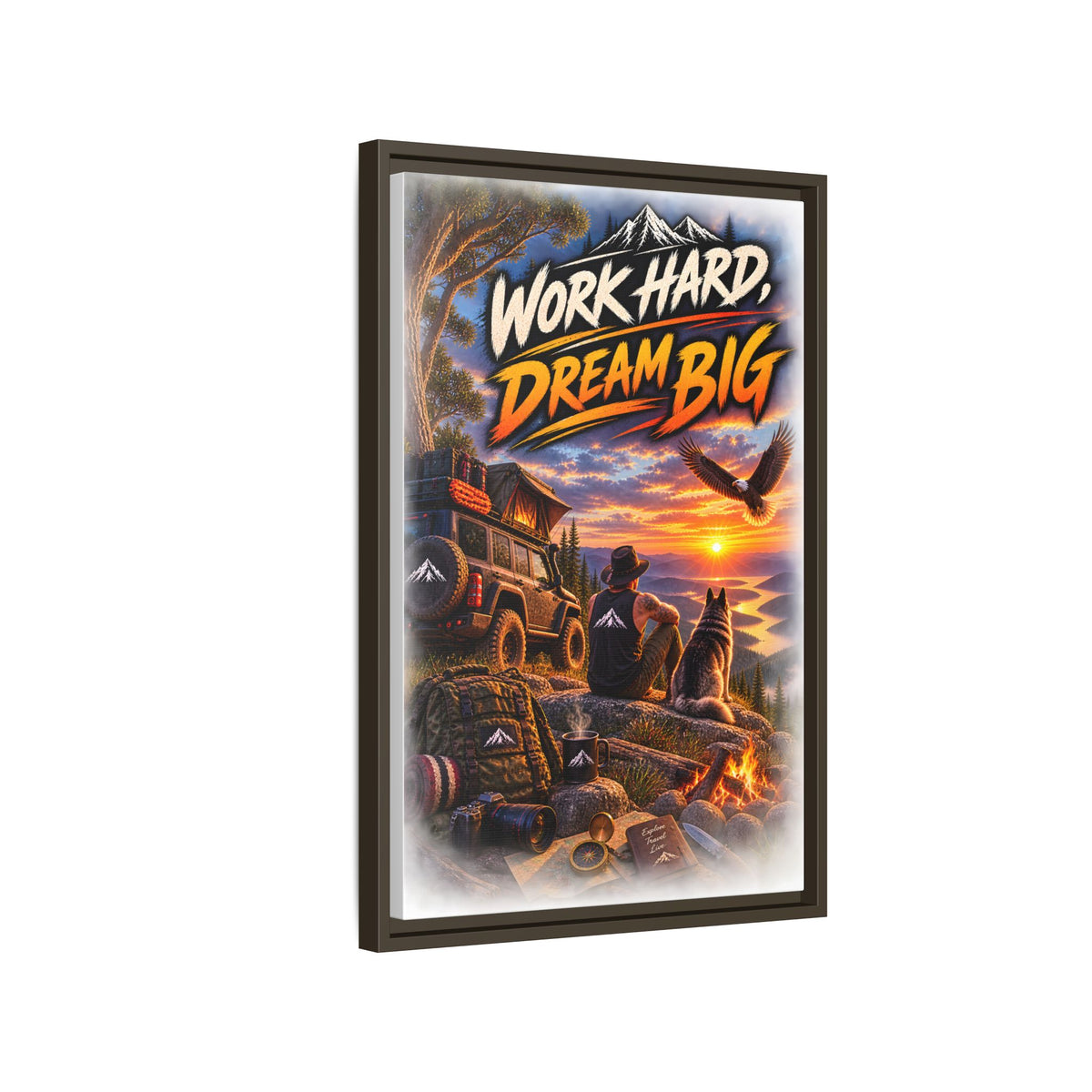 Work Hard Dream Big Framed Canvas Print — Inspirational Camping Sunset Wall Art