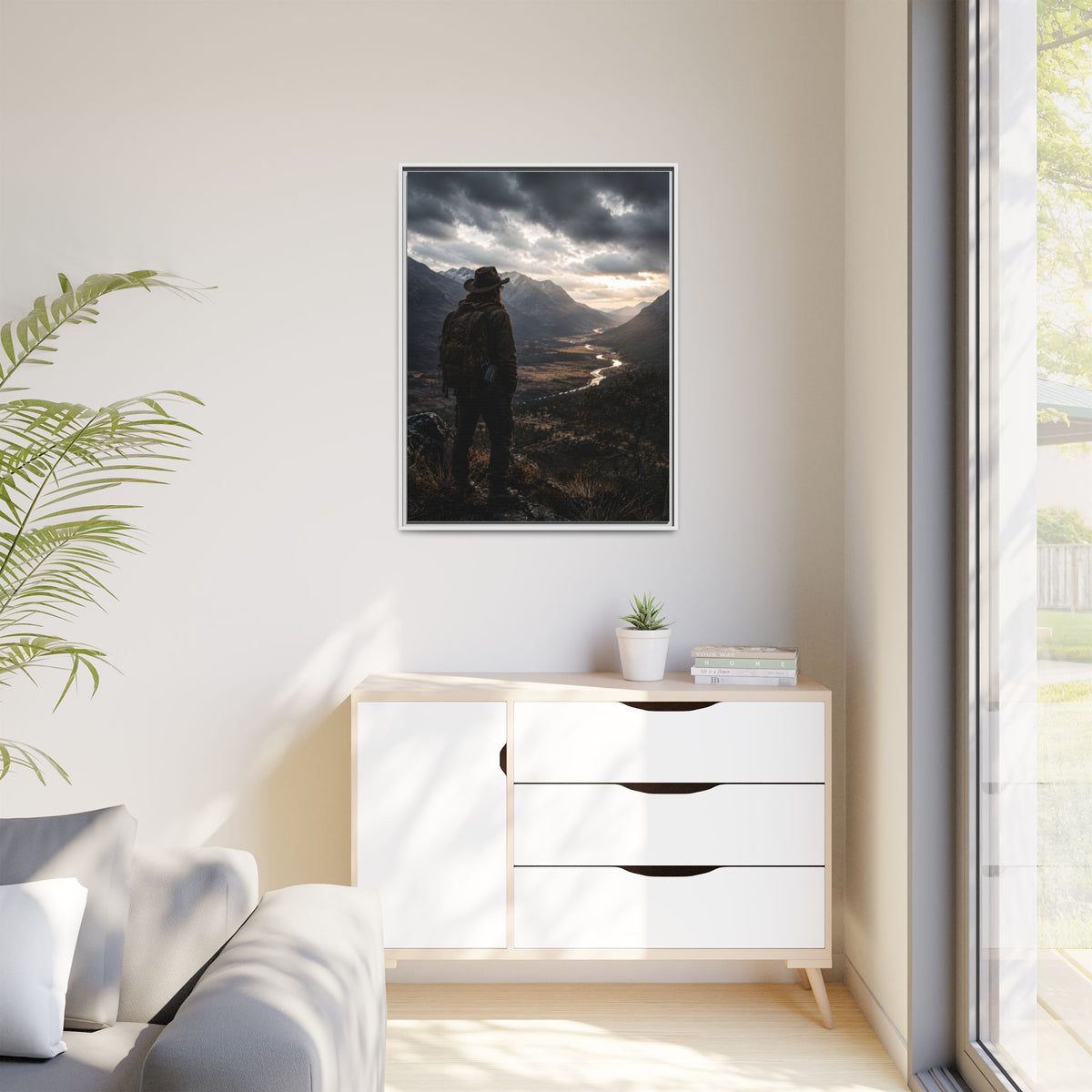 Wanderer in the Valley Matte Framed Canvas – Adventure Landscape Wall Art
