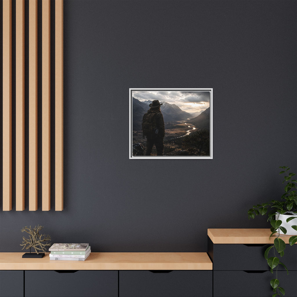 Wanderer in the Valley Matte Framed Canvas – Adventure Landscape Wall Art