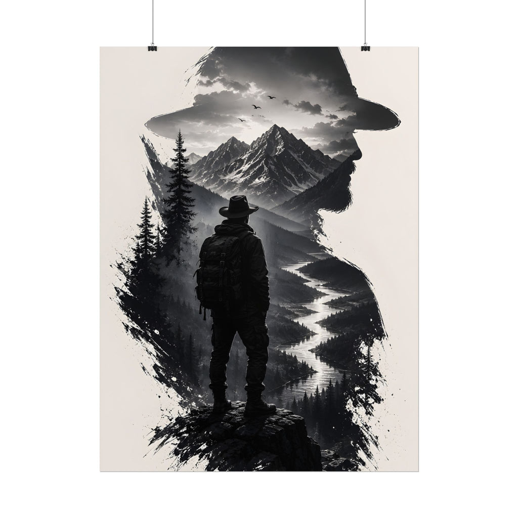Adventure Silhouette Poster — Hiker, Mountains & River Rolled Wall Art