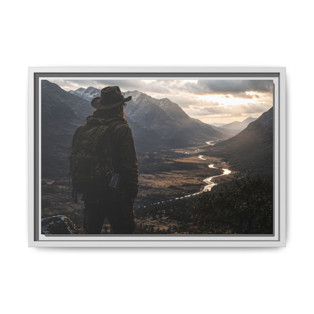 Wanderer in the Valley Matte Framed Canvas – Adventure Landscape Wall Art