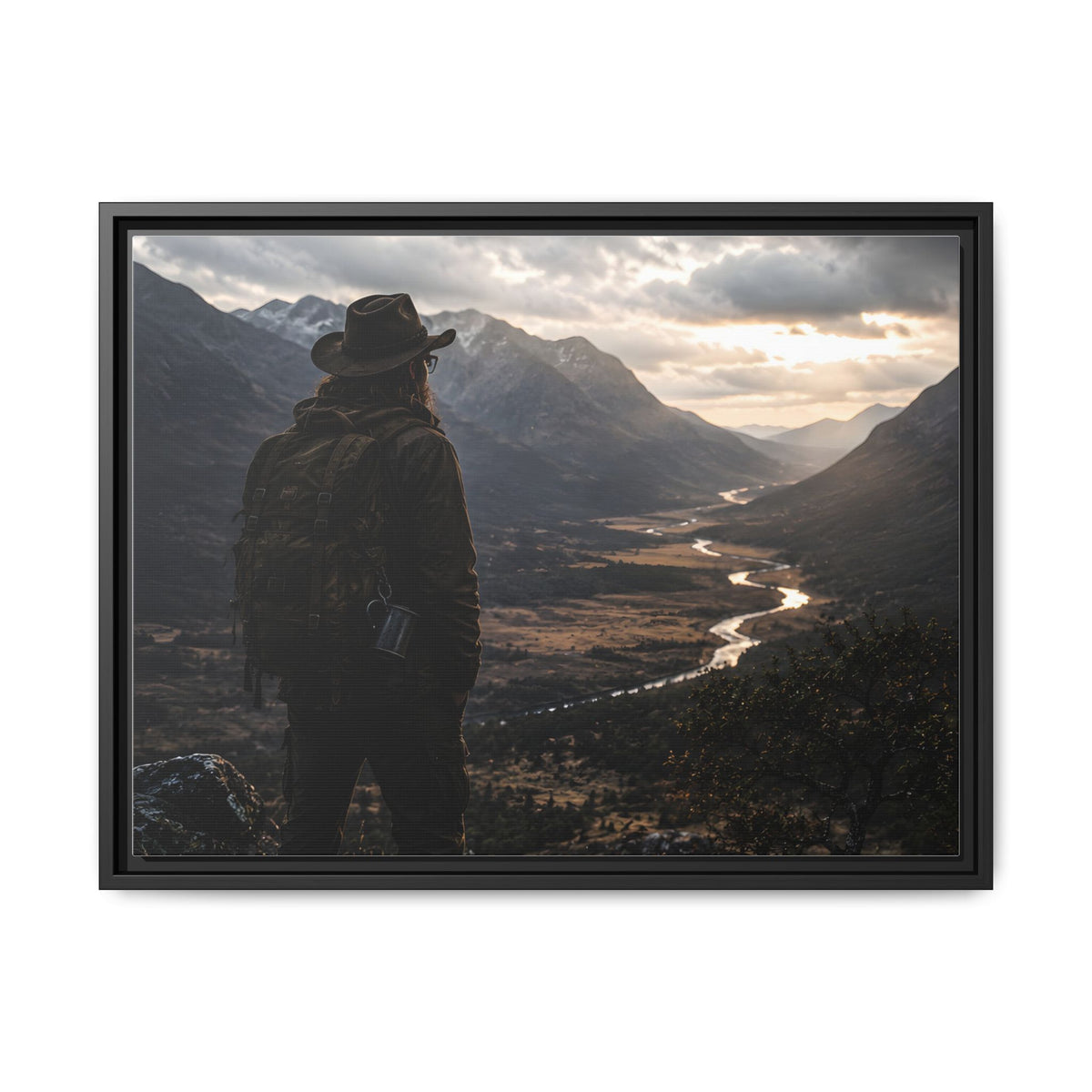 Wanderer in the Valley Matte Framed Canvas – Adventure Landscape Wall Art