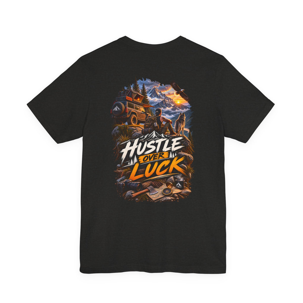 Hustle Over Luck Graphic Tee — Adventure Motivation Mountain T-Shirt