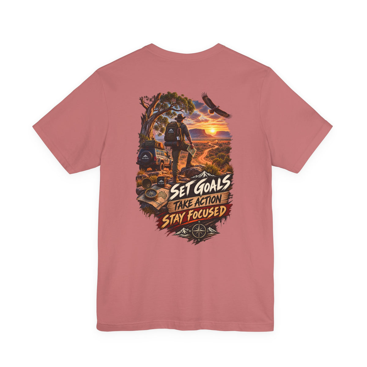 Motivational Hiking T‑Shirt — "Set Goals, Take Action, Stay Focused" Back Graphic