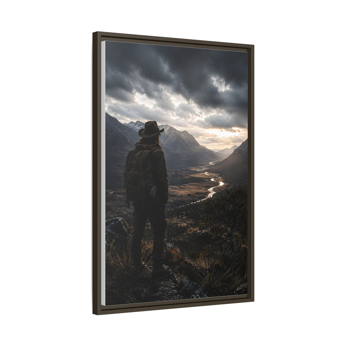 Wanderer in the Valley Matte Framed Canvas – Adventure Landscape Wall Art
