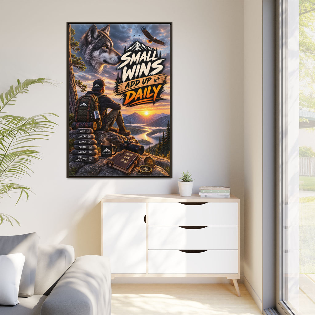 Small Wins Add Up Daily Framed Canvas Wall Art — Motivational Hiking Print