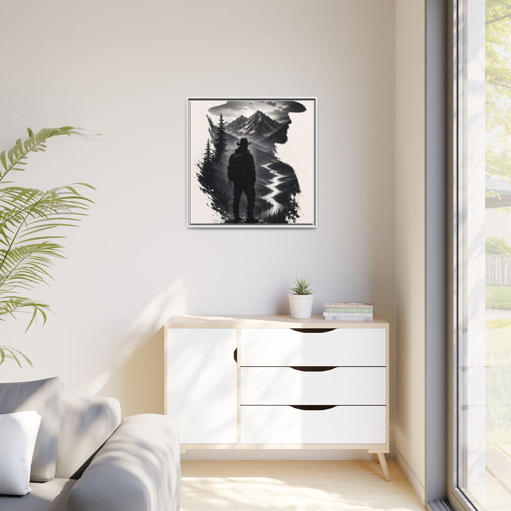 Adventure Silhouette Matte Canvas Framed Print — Mountain Hiker Double Exposure Wall Art
